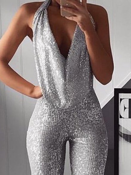 Women's Jumpsuits Sparkling Beads Deep V-Neck Sleeveless Jumpsuit - LuckyFash™