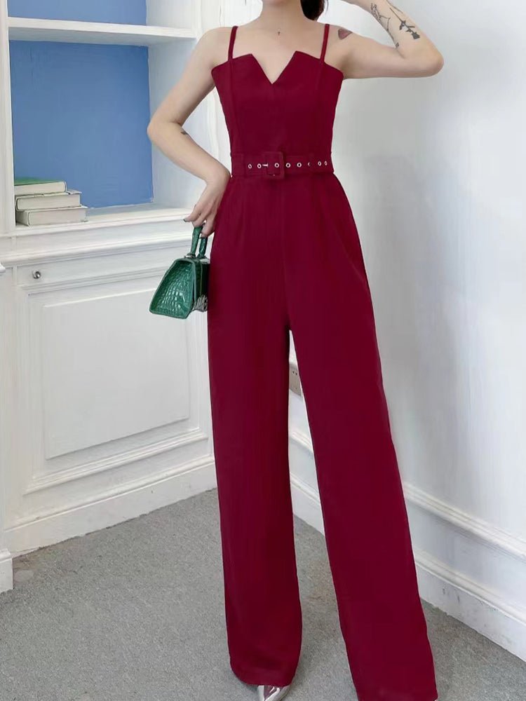 Women's Jumpsuits Strap Notched V Neck Belt Wide Leg Pants Jumpsuit - LuckyFash™