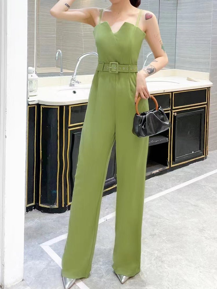 Women's Jumpsuits Strap Notched V Neck Belt Wide Leg Pants Jumpsuit - LuckyFash™