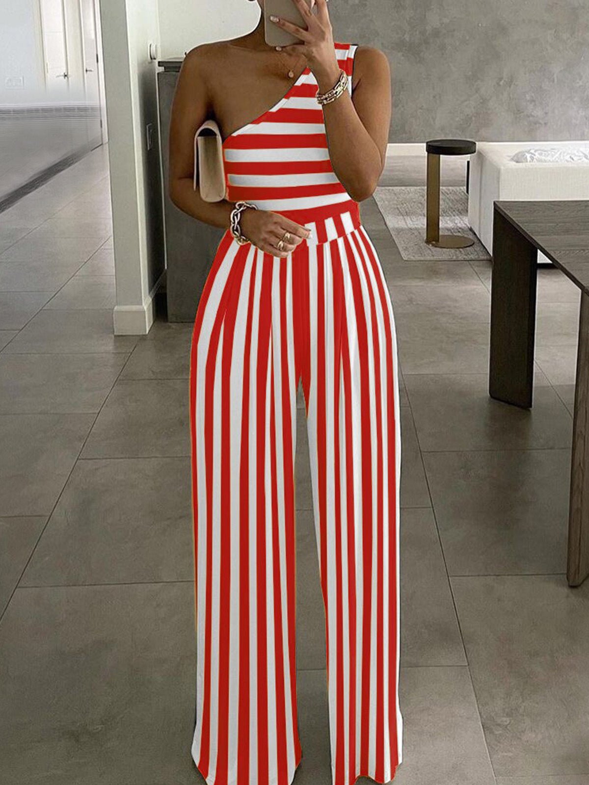 Women's Jumpsuits Striped Print One-Shoulder Jumpsuit - LuckyFash™