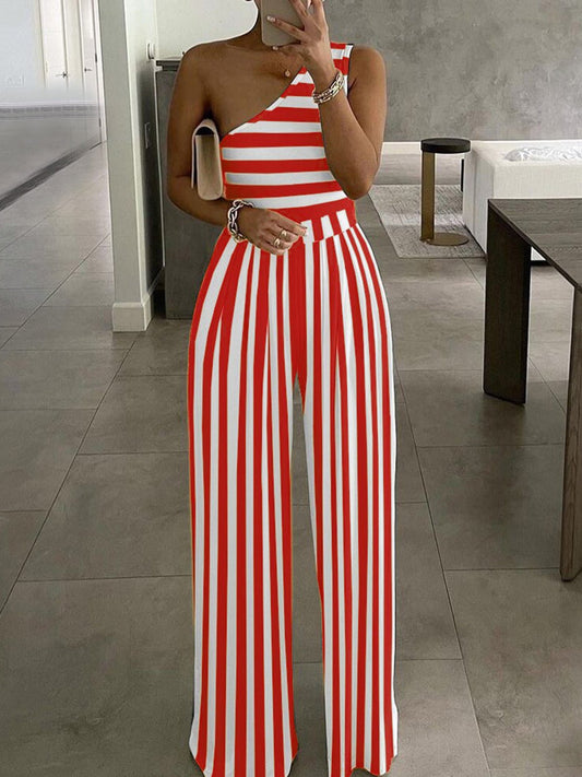 Women's Jumpsuits Striped Print One-Shoulder Jumpsuit - LuckyFash™