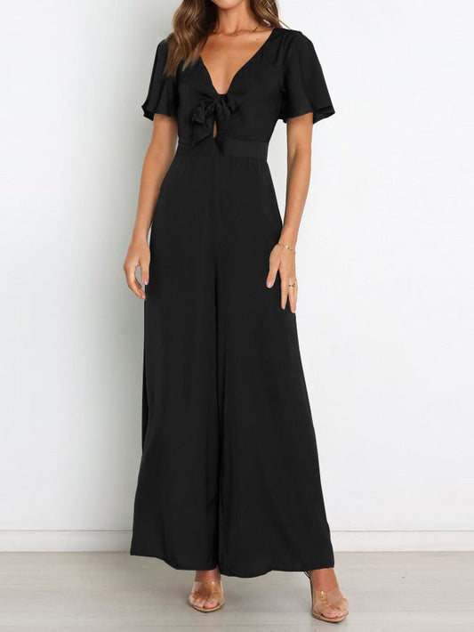 Women's Jumpsuits V-Neck Belted Short Sleeve Wide Leg Jumpsuit - LuckyFash™