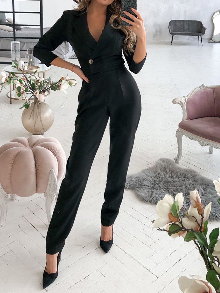 Women's Jumpsuits V-Neck Button Long Sleeve Jumpsuit - LuckyFash™