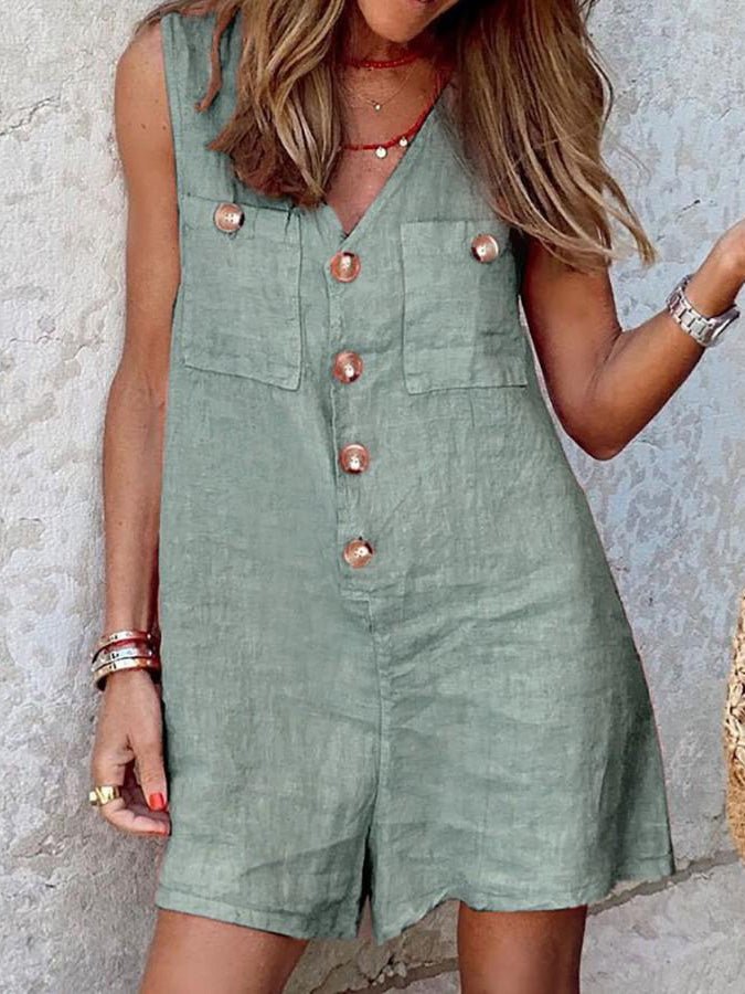Women's Jumpsuits V-Neck Button Pocket Sleeveless Jumpsuit - LuckyFash™