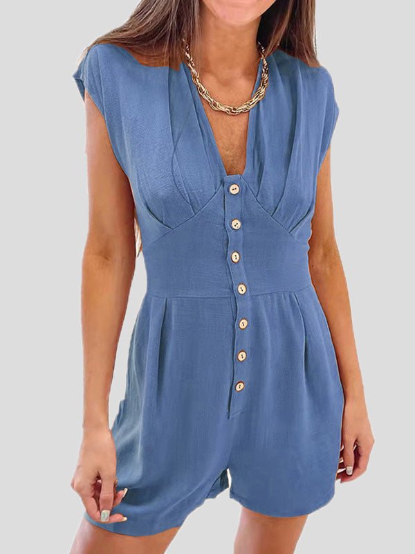 Women's Jumpsuits V-Neck Button Short Sleeve Jumpsuit - LuckyFash™