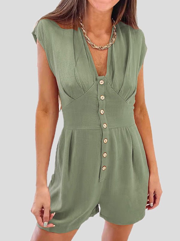 Women's Jumpsuits V-Neck Button Short Sleeve Jumpsuit - LuckyFash™