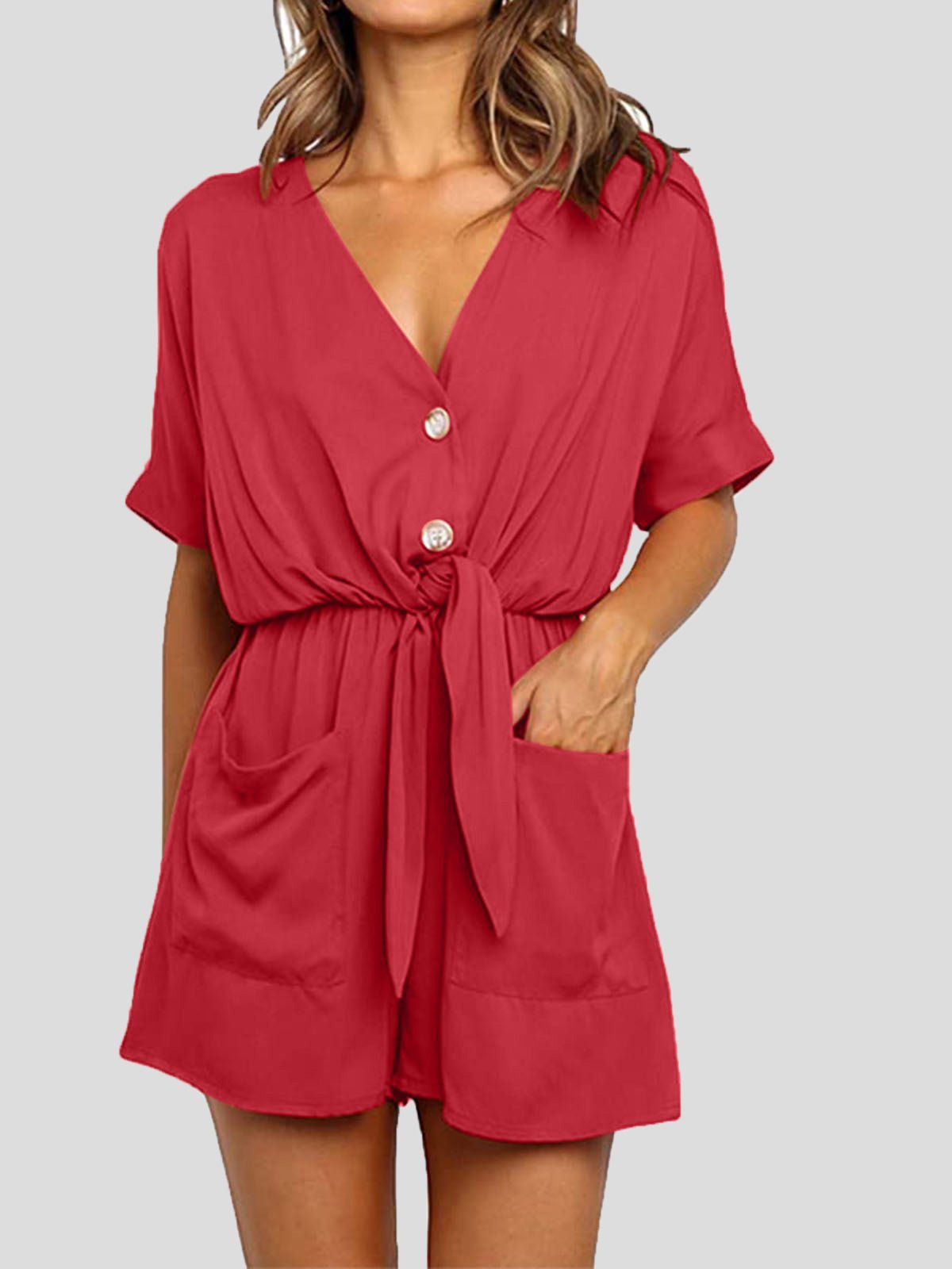 Women's Jumpsuits V-Neck Button Short Sleeve Pocket Belted Jumpsuit - LuckyFash™