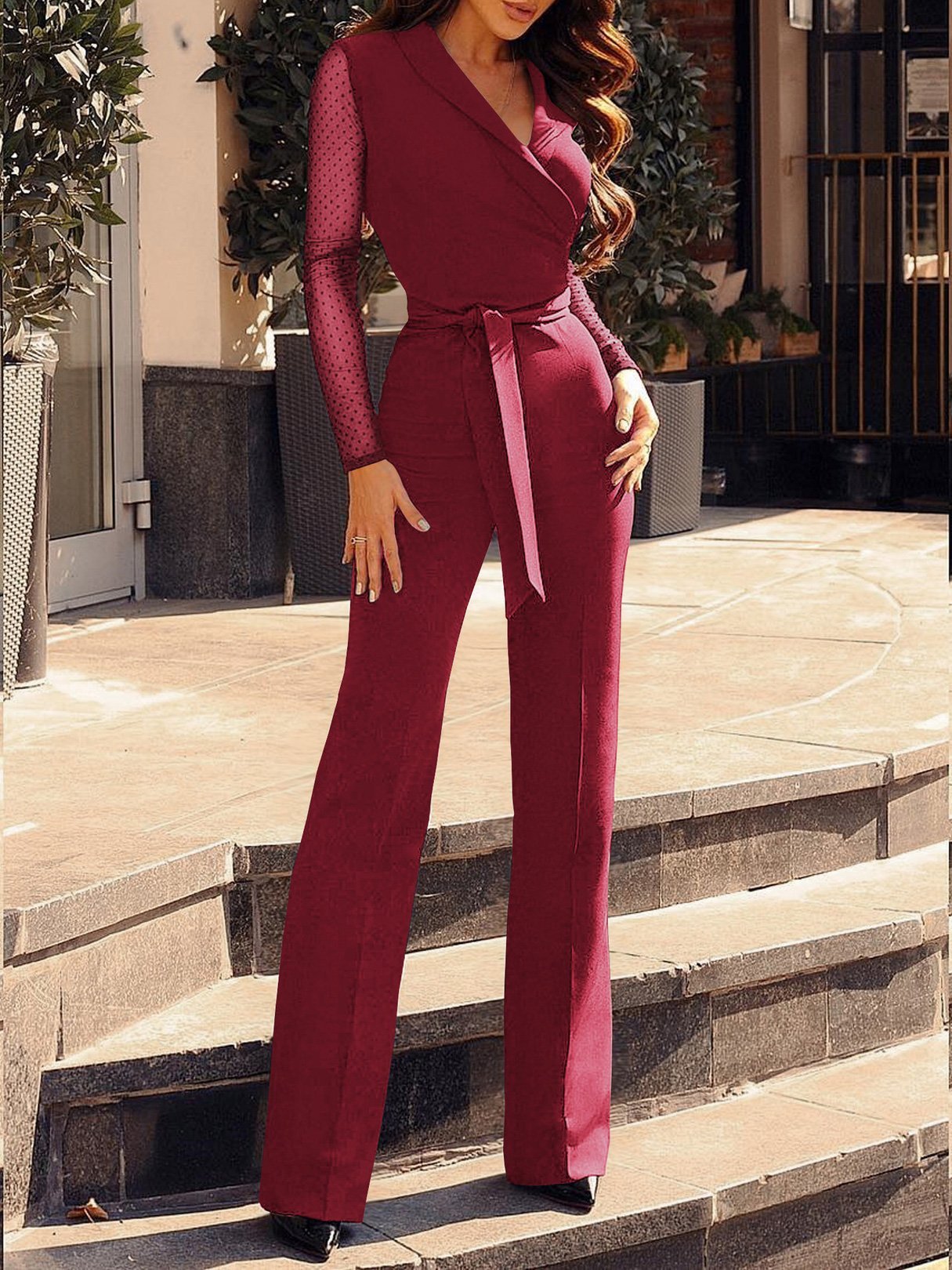 Women's Jumpsuits V-Neck Lapel Stitching Polka-Dot Long Sleeve Jumpsuit - LuckyFash™