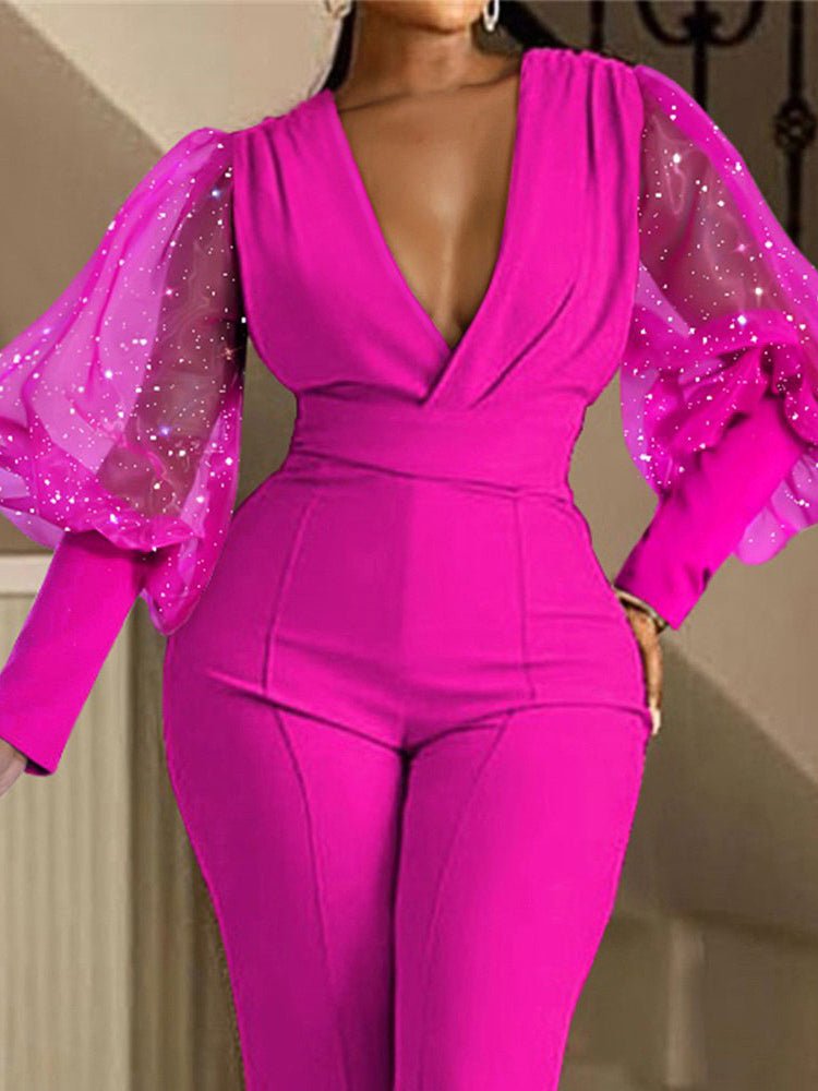 Women's Jumpsuits V-Neck Mesh Panel Long Sleeve Slim Jumpsuits - LuckyFash™
