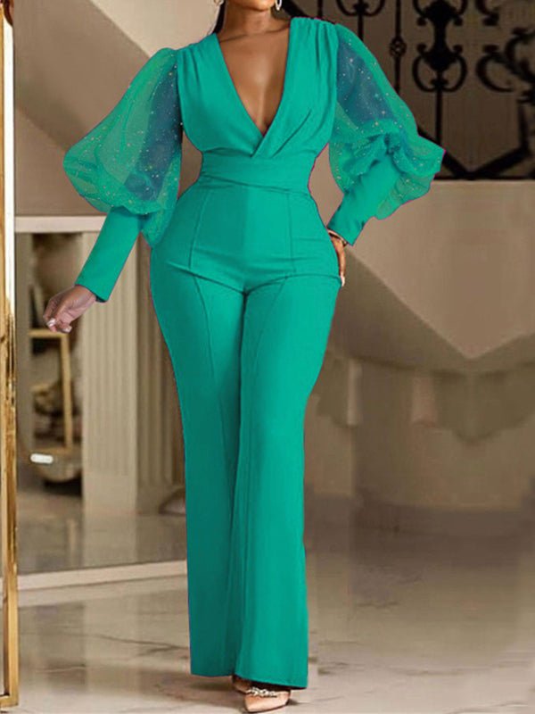 Women's Jumpsuits V-Neck Mesh Panel Long Sleeve Slim Jumpsuits - LuckyFash™