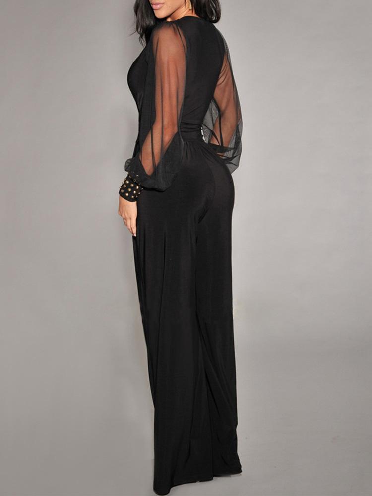 Women's Jumpsuits V-Neck Mesh Stitching Rivet Long Sleeve Jumpsuit - LuckyFash™