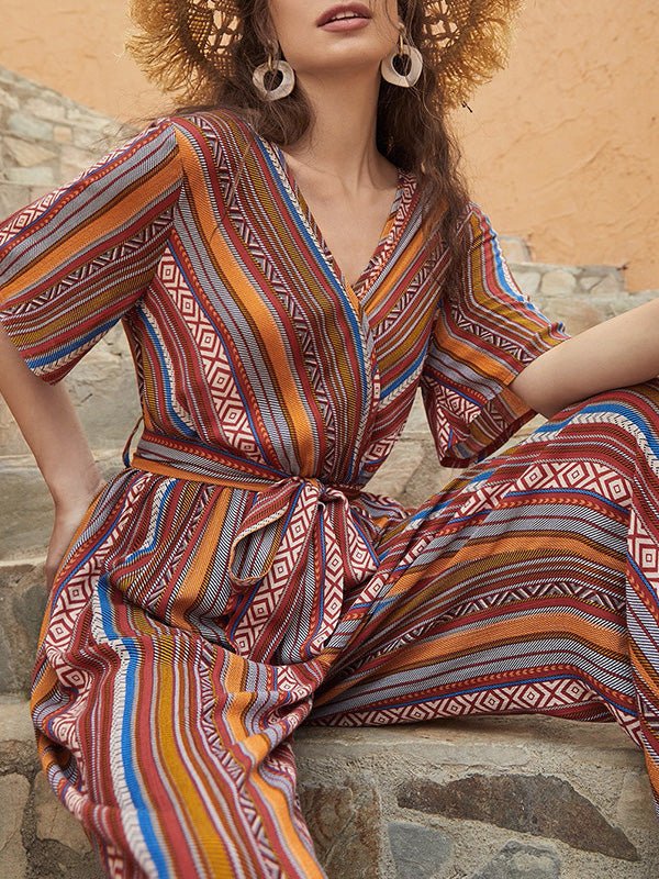 Women's Jumpsuits V-Neck Multicolor Striped Short Sleeve Jumpsuit - LuckyFash™