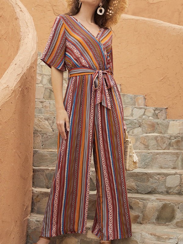 Women's Jumpsuits V-Neck Multicolor Striped Short Sleeve Jumpsuit - LuckyFash™
