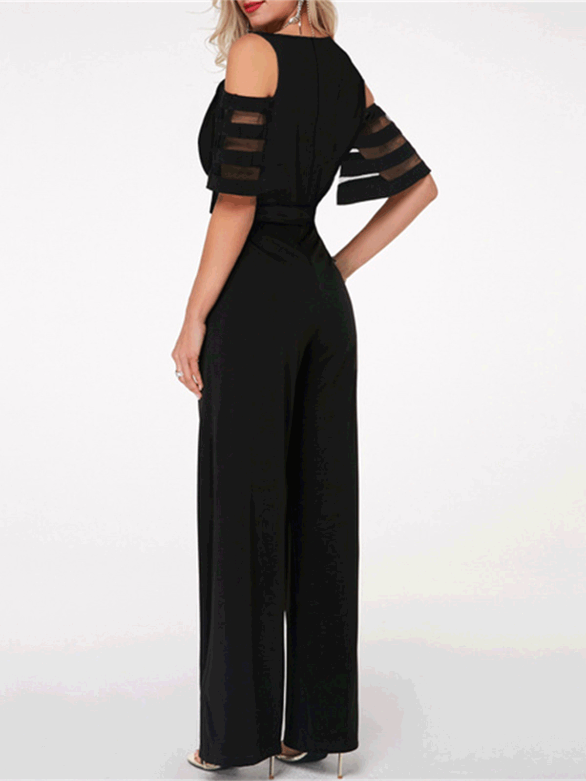 Women's Jumpsuits V-Neck Off-Shoulder Mesh Wide-Leg Jumpsuit - LuckyFash™