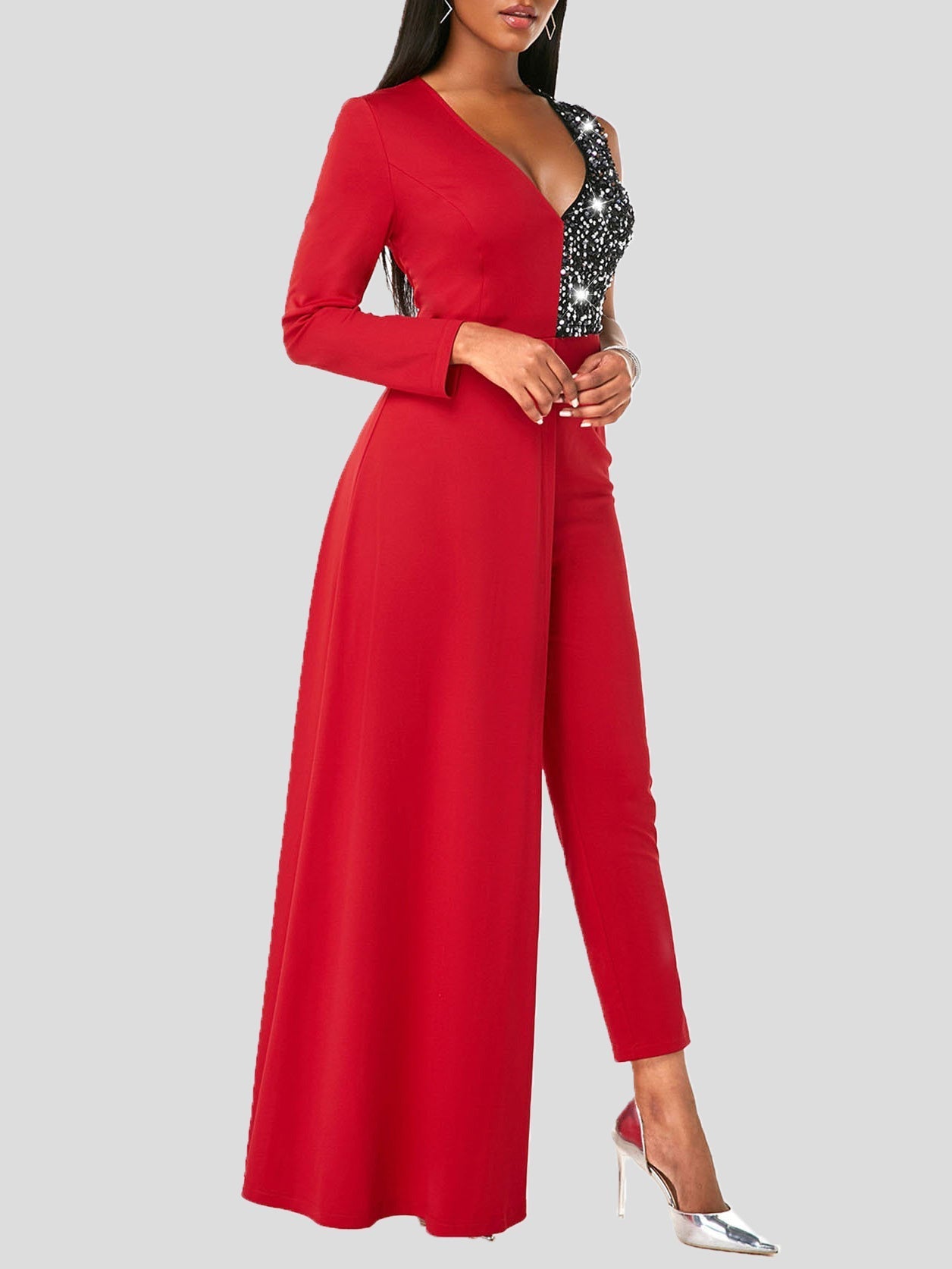 Women's Jumpsuits V-Neck One-Shoulder Sequin Stitching Slim-Fit Jumpsuit - LuckyFash™