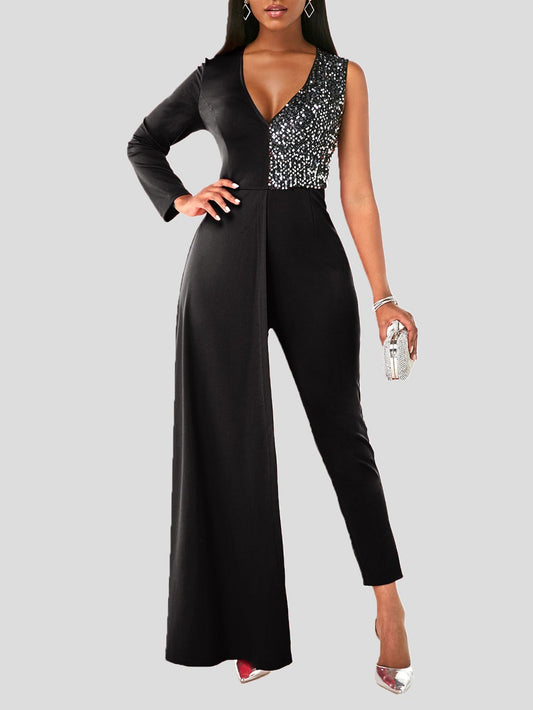 Women's Jumpsuits V-Neck One-Shoulder Sequin Stitching Slim-Fit Jumpsuit - LuckyFash™