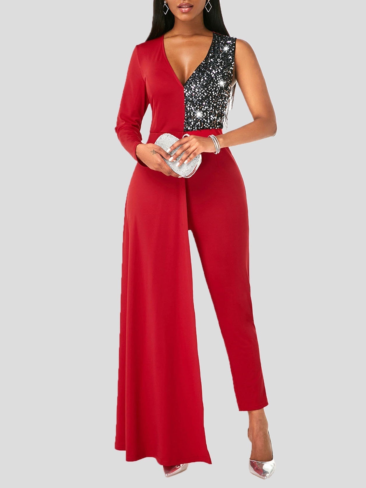 Women's Jumpsuits V-Neck One-Shoulder Sequin Stitching Slim-Fit Jumpsuit - LuckyFash™