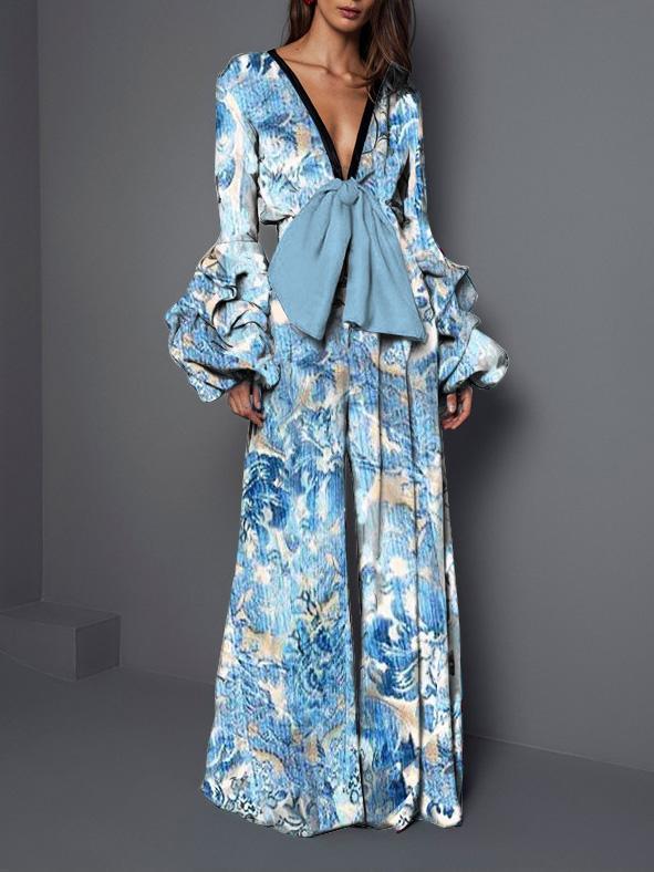 Women's Jumpsuits V-Neck Printed Lace-Up Long Sleeve Jumpsuit - LuckyFash™