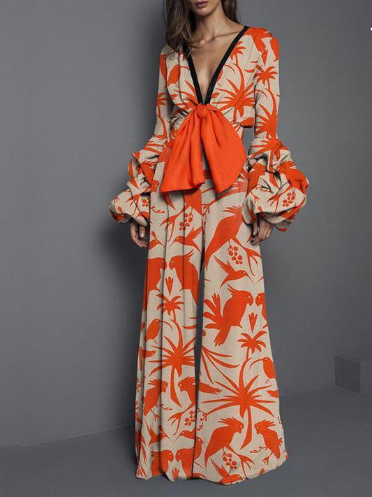 Women's Jumpsuits V-Neck Printed Lace-Up Long Sleeve Jumpsuit - LuckyFash™