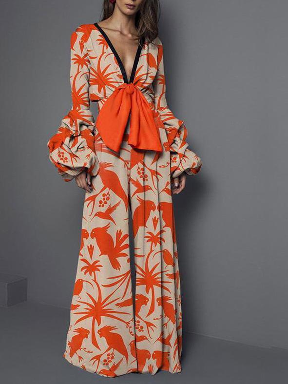 Women's Jumpsuits V-Neck Printed Lace-Up Long Sleeve Jumpsuit - LuckyFash™