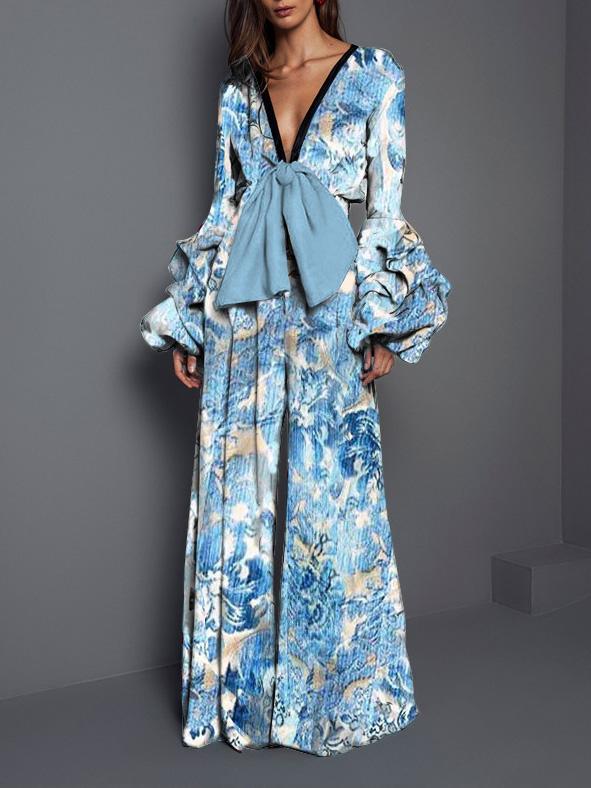 Women's Jumpsuits V-Neck Printed Lace-Up Long Sleeve Jumpsuit - LuckyFash™