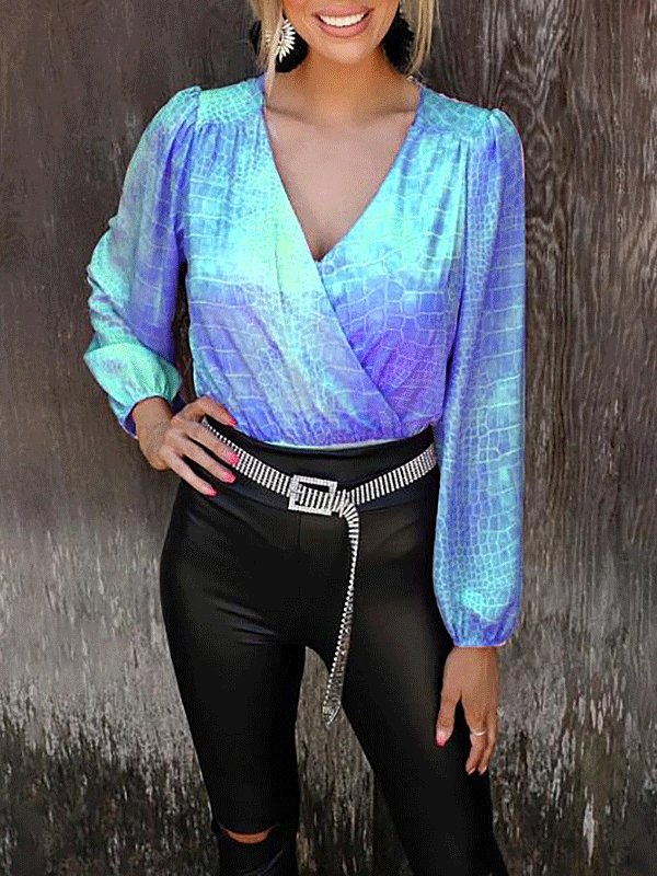 Women's Jumpsuits V-Neck Printed Lantern Long Sleeve Jumpsuit - LuckyFash™