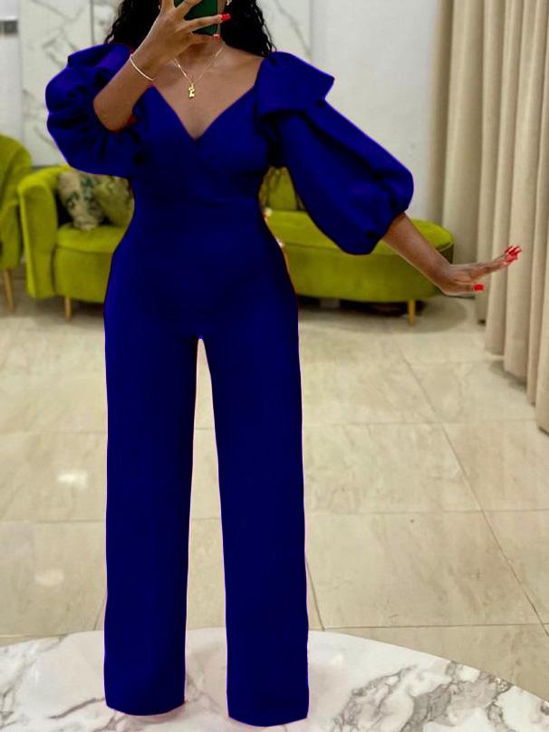 Women's Jumpsuits V-Neck Puff Sleeve Solid Jumpsuit - LuckyFash™