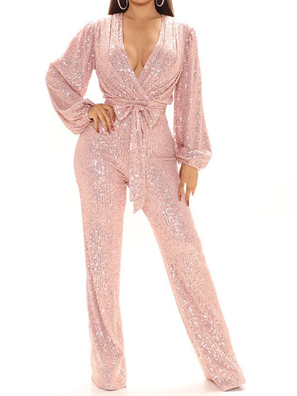 Women's Jumpsuits V-Neck Sequined Wide Leg Jumpsuit - LuckyFash™