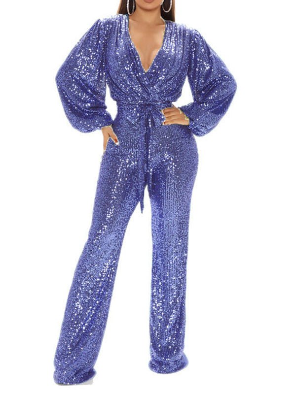 Women's Jumpsuits V-Neck Sequined Wide Leg Jumpsuit - LuckyFash™