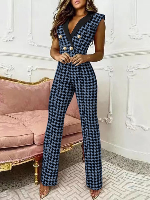 Women's Jumpsuits V-Neck Sleeveless Button Houndstooth Jumpsuit - LuckyFash™