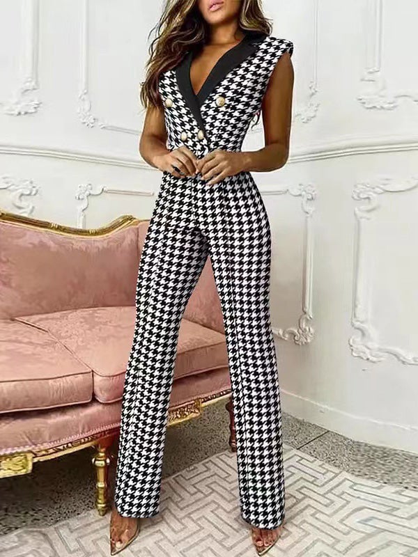Women's Jumpsuits V-Neck Sleeveless Button Houndstooth Jumpsuit - LuckyFash™