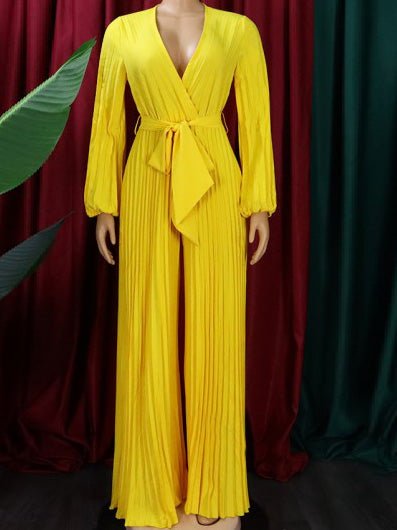 Women's Jumpsuits V-Neck Tie Pleated Wide-Leg Jumpsuit - LuckyFash™