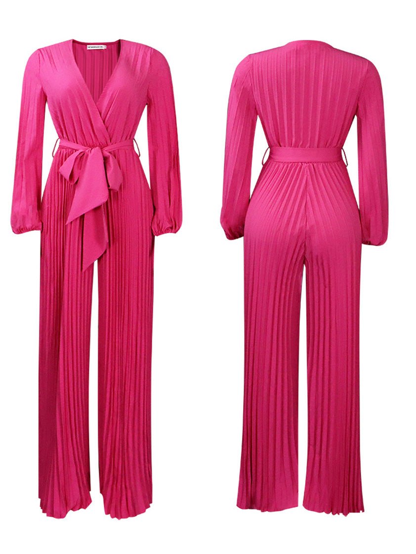 Women's Jumpsuits V-Neck Tie Pleated Wide-Leg Jumpsuit - LuckyFash™