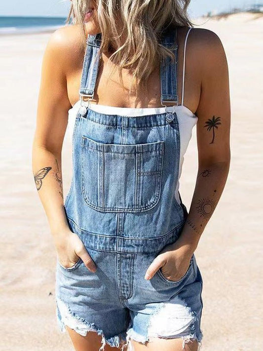 Women's Jumpsuits Washed Pockets Shredded Straight Denim Jumpsuit - LuckyFash™