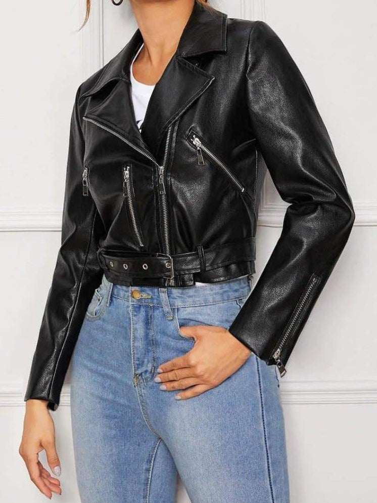 Women's Leather Zipper Motorcycle Jacket - LuckyFash™
