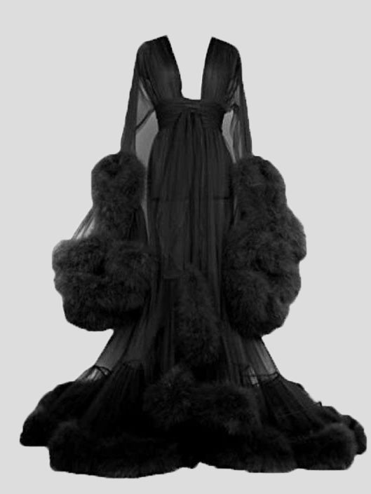 Lingeries Feather Flared Sleeve Trailing Sheer Nightdress - LuckyFash™