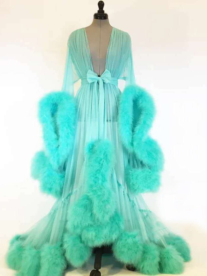 Lingeries Feather Flared Sleeve Trailing Sheer Nightdress - LuckyFash™
