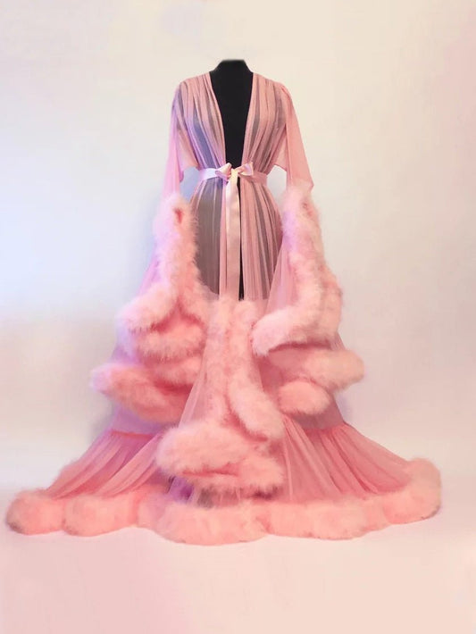 Lingeries Feather Flared Sleeve Trailing Sheer Nightdress - LuckyFash™