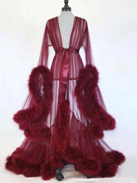 Lingeries Feather Flared Sleeve Trailing Sheer Nightdress - LuckyFash™