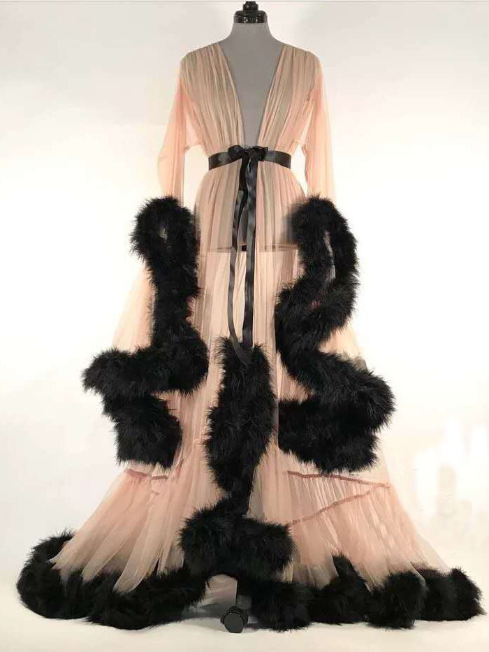 Lingeries Feather Flared Sleeve Trailing Sheer Nightdress - LuckyFash™