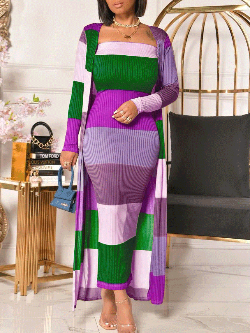 Sets Multicolor Striped Dress & Coat Two-Piece Suit - LuckyFash™