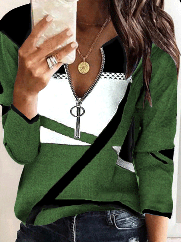 T-Shirts Colorblock Printing V-Neck Zipper Long Sleeve T-Shirt - LuckyFash™