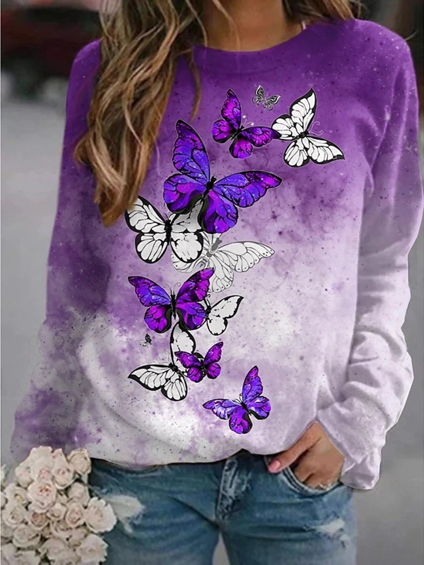 T-Shirts Floral Butterfly Print Round Neck Long Sleeve T-Shirts - LuckyFash™
