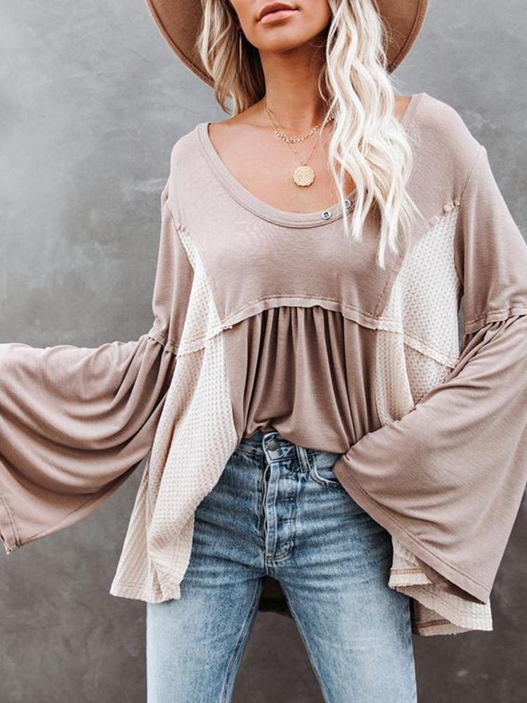 T-Shirts Irregular Contrast Color U Collar Flare Sleeve T-Shirt - LuckyFash™