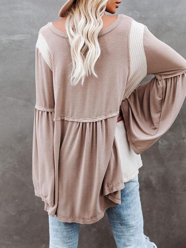 T-Shirts Irregular Contrast Color U Collar Flare Sleeve T-Shirt - LuckyFash™