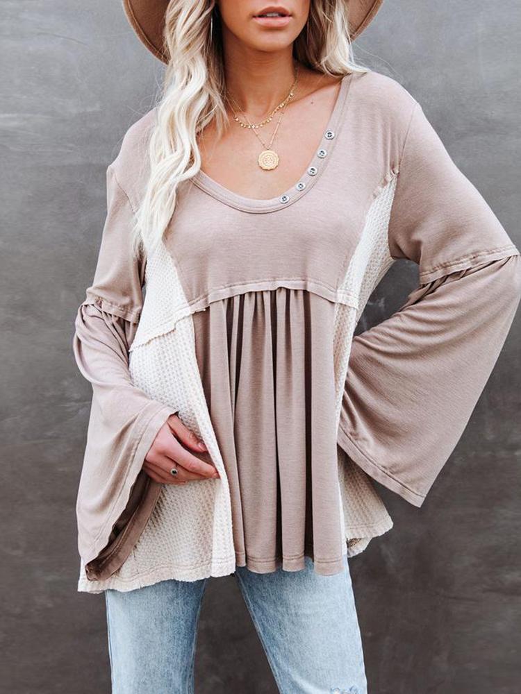 T-Shirts Irregular Contrast Color U Collar Flare Sleeve T-Shirt - LuckyFash™