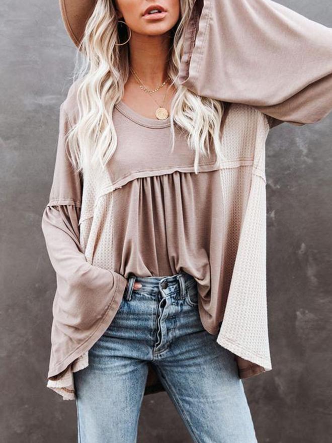 T-Shirts Irregular Contrast Color U Collar Flare Sleeve T-Shirt - LuckyFash™