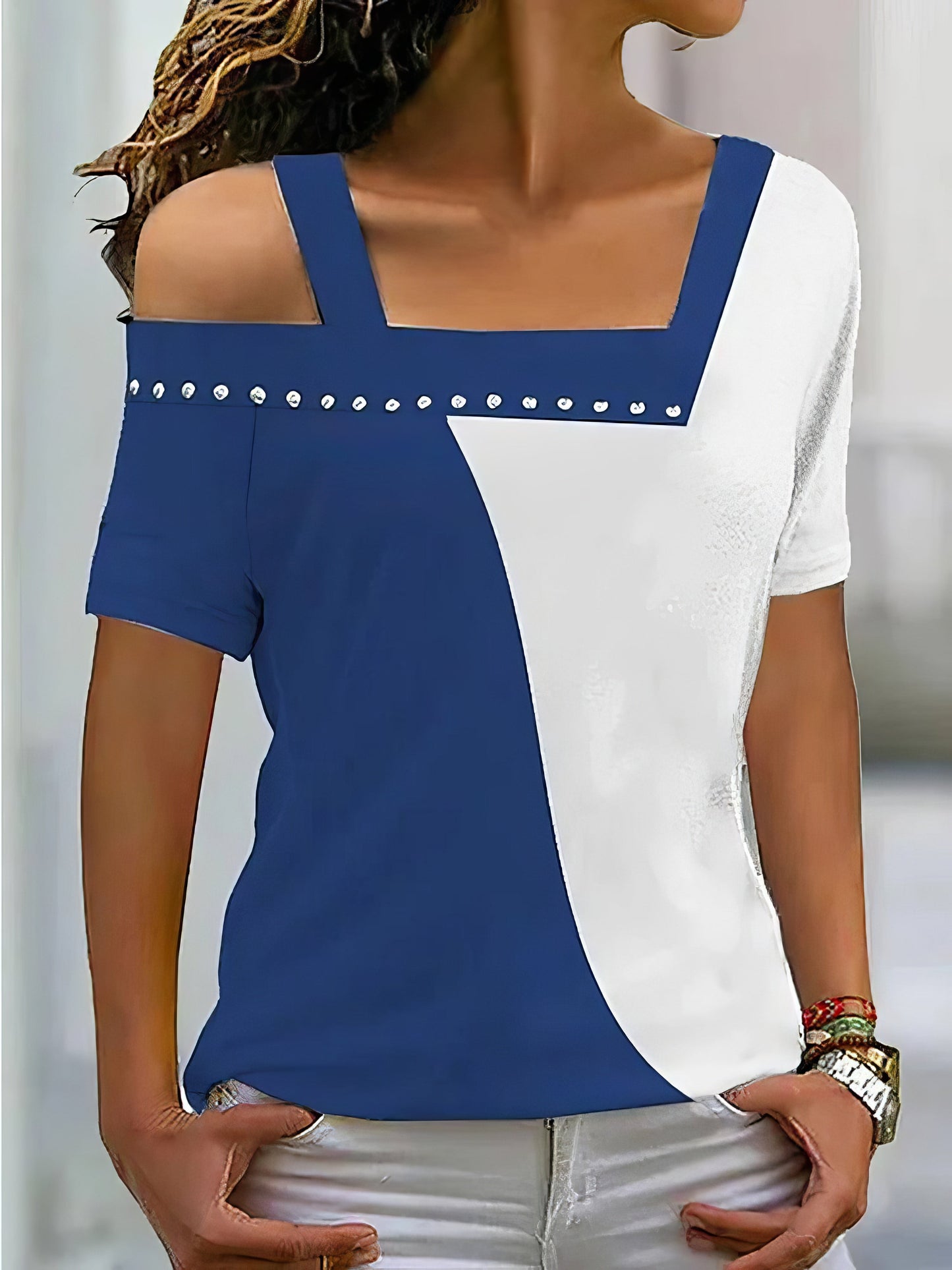 T-Shirts Irregular Neck Contrast Color Short Sleeve T-Shirt - LuckyFash™