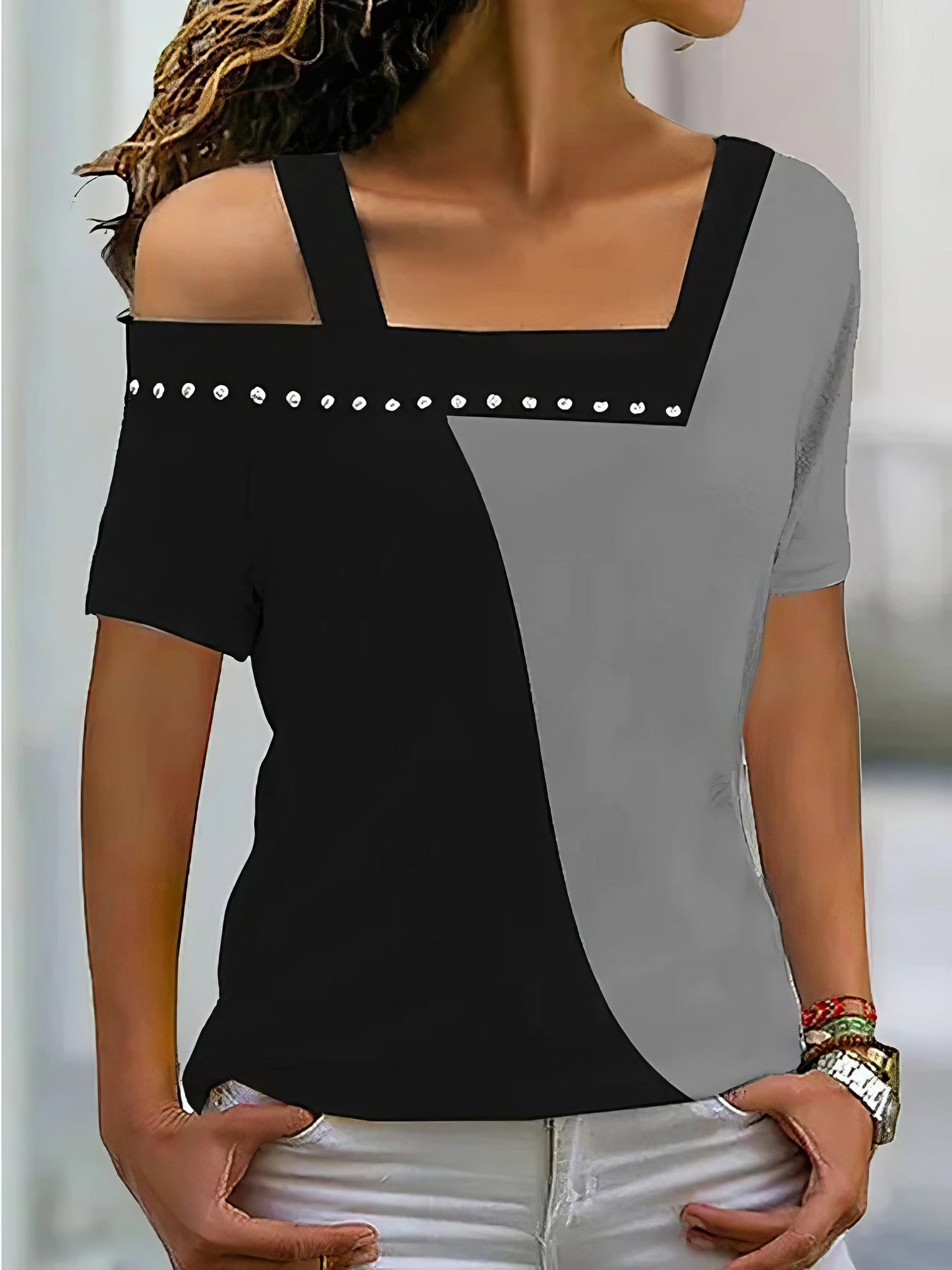 T-Shirts Irregular Neck Contrast Color Short Sleeve T-Shirt - LuckyFash™