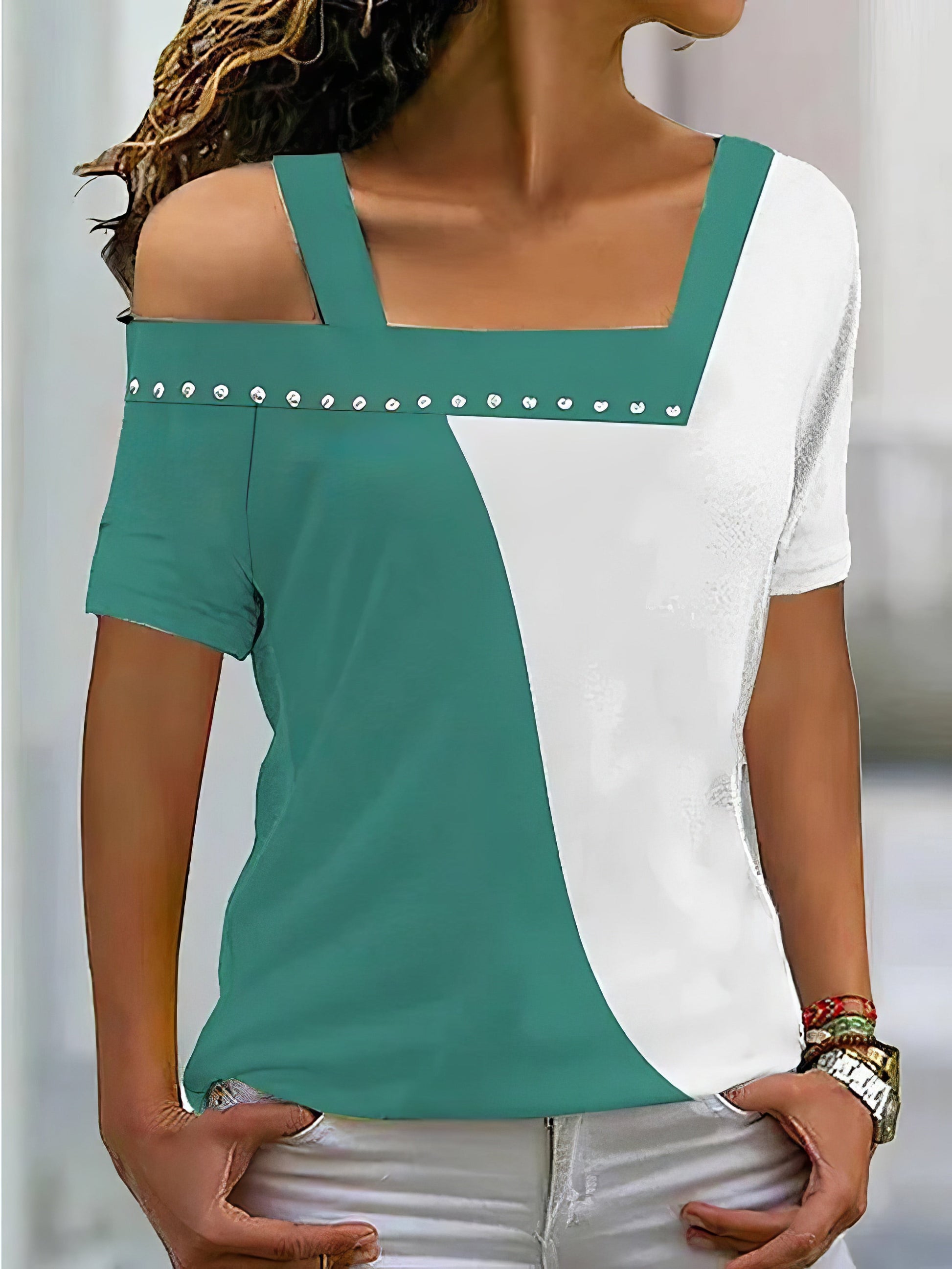 T-Shirts Irregular Neck Contrast Color Short Sleeve T-Shirt - LuckyFash™